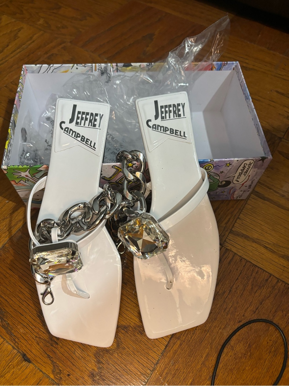 Jeffrey Campbell White Patent Thong Sandals with Oversized Crystal & Chain